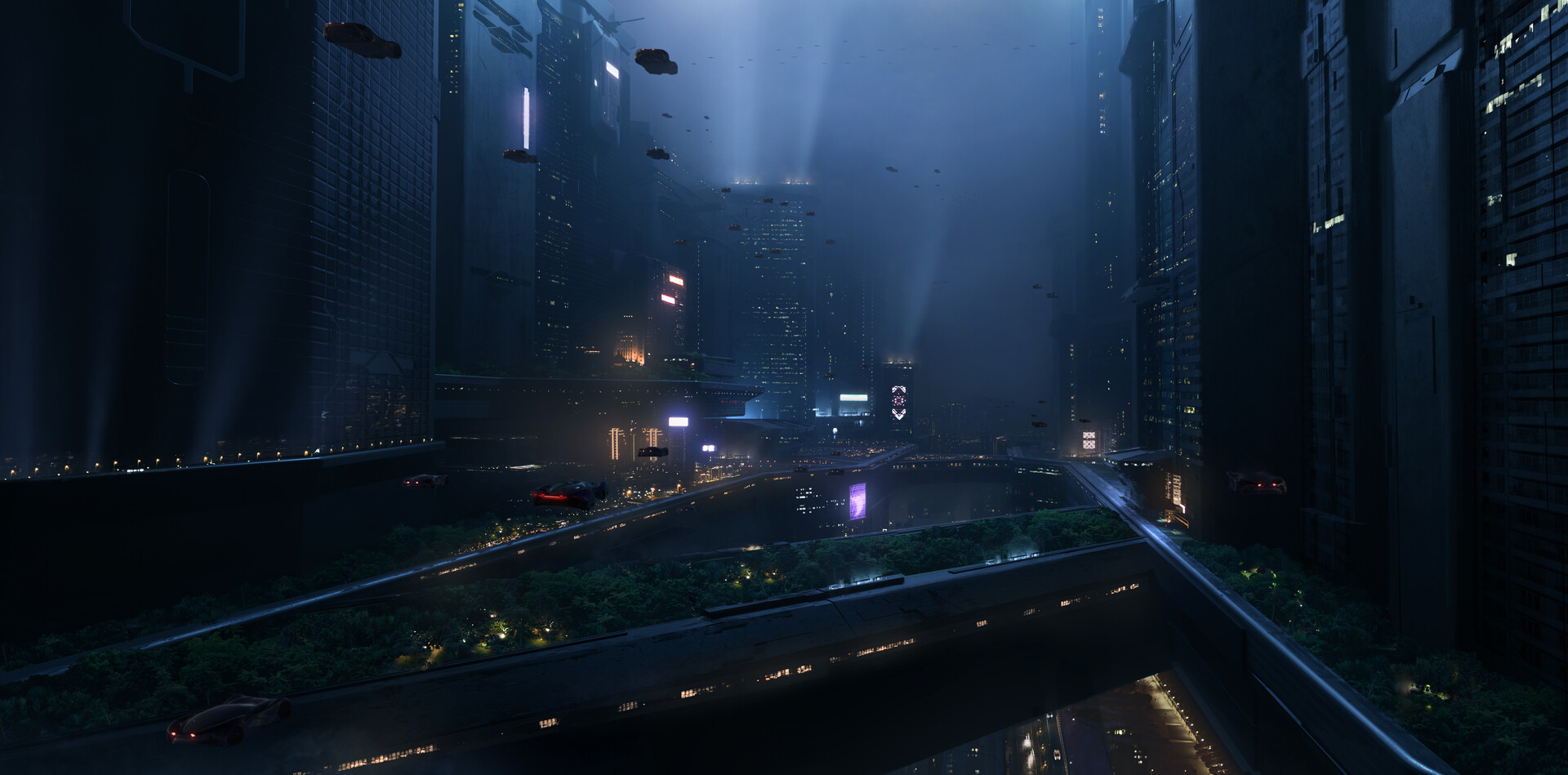 art of a dark, futuristic city, with ships whizzing by skyscrapers